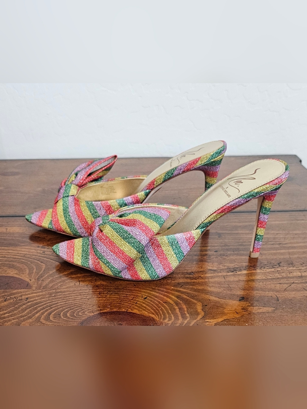 Antonio Melani Rainbow Metallic Glitter Striped Bow Slide heels Women's Sz 6 - Picture 3 of 9